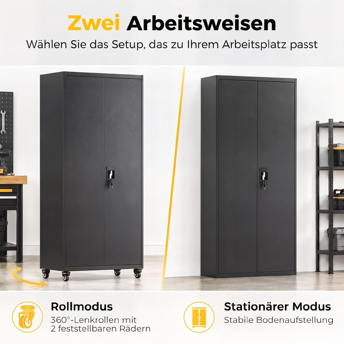 Lockable Steel Storage Cabinet with Wheels, Adjustable Shelves