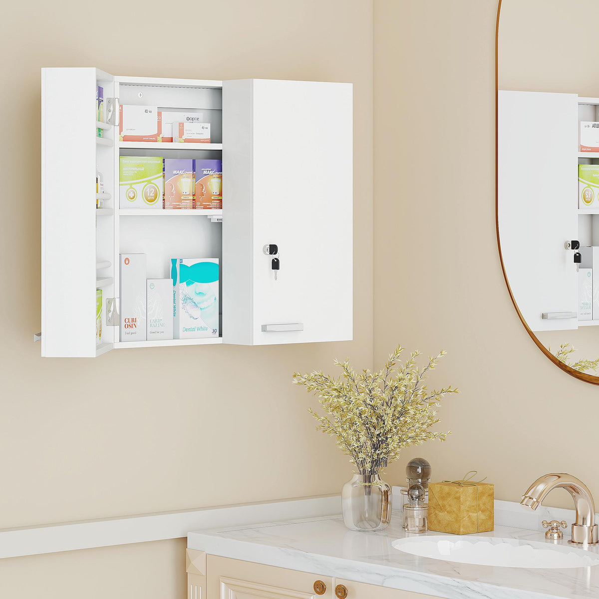 Lockable Wall-Mounted Medicine Cabinet, 11 Compartments, White