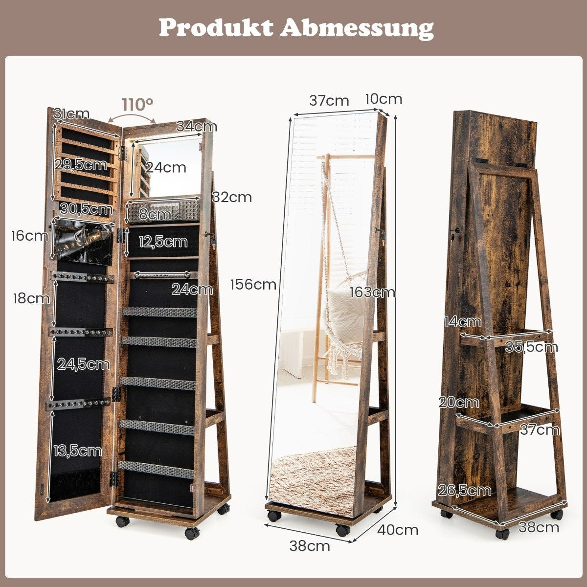 Lockable jewelry cabinet with integrated make-up mirror, adjustable shelves and coffee storage space