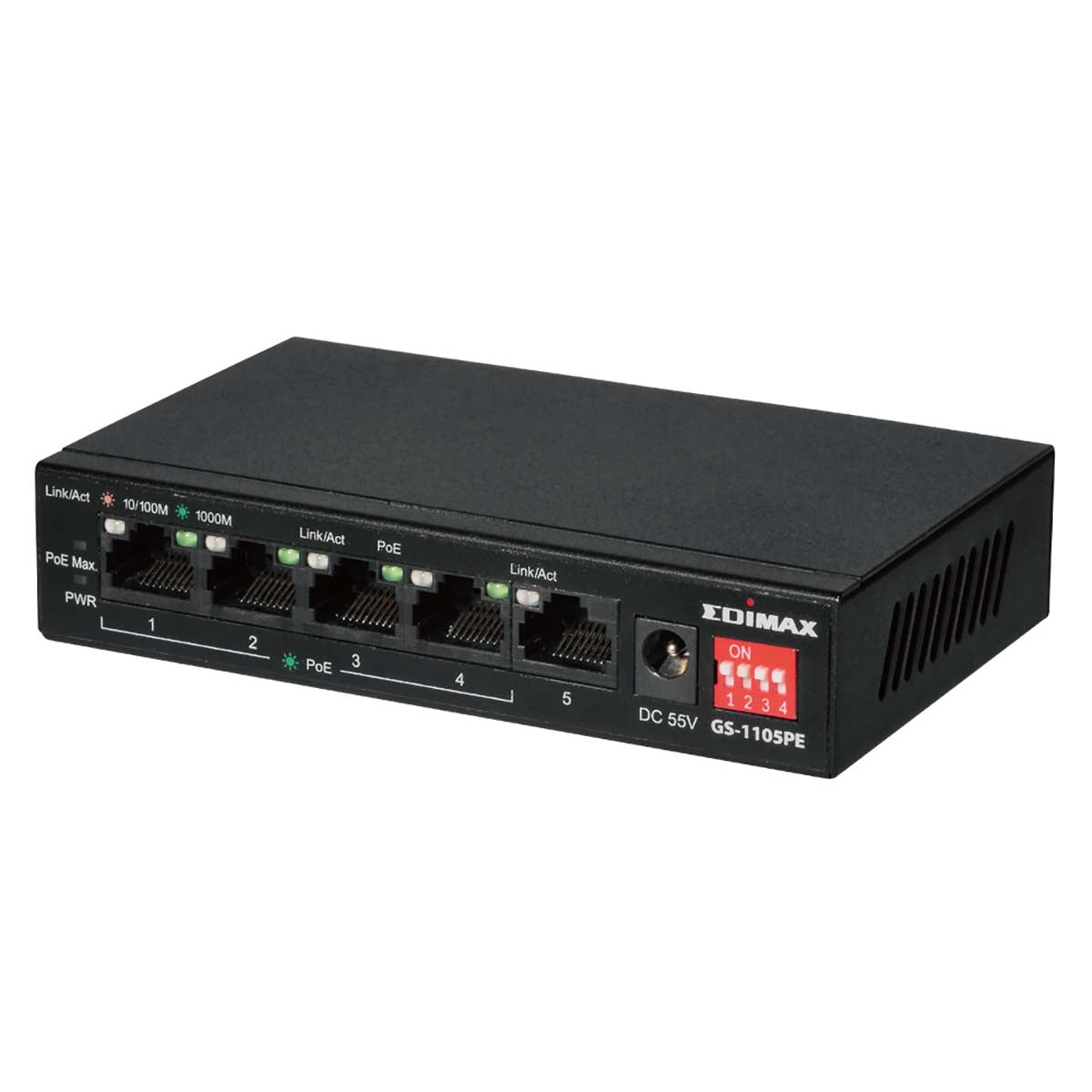 Long Range 5-Port Gigabit PoE+ Switch with 4 PoE+ Ports and DIP Switch