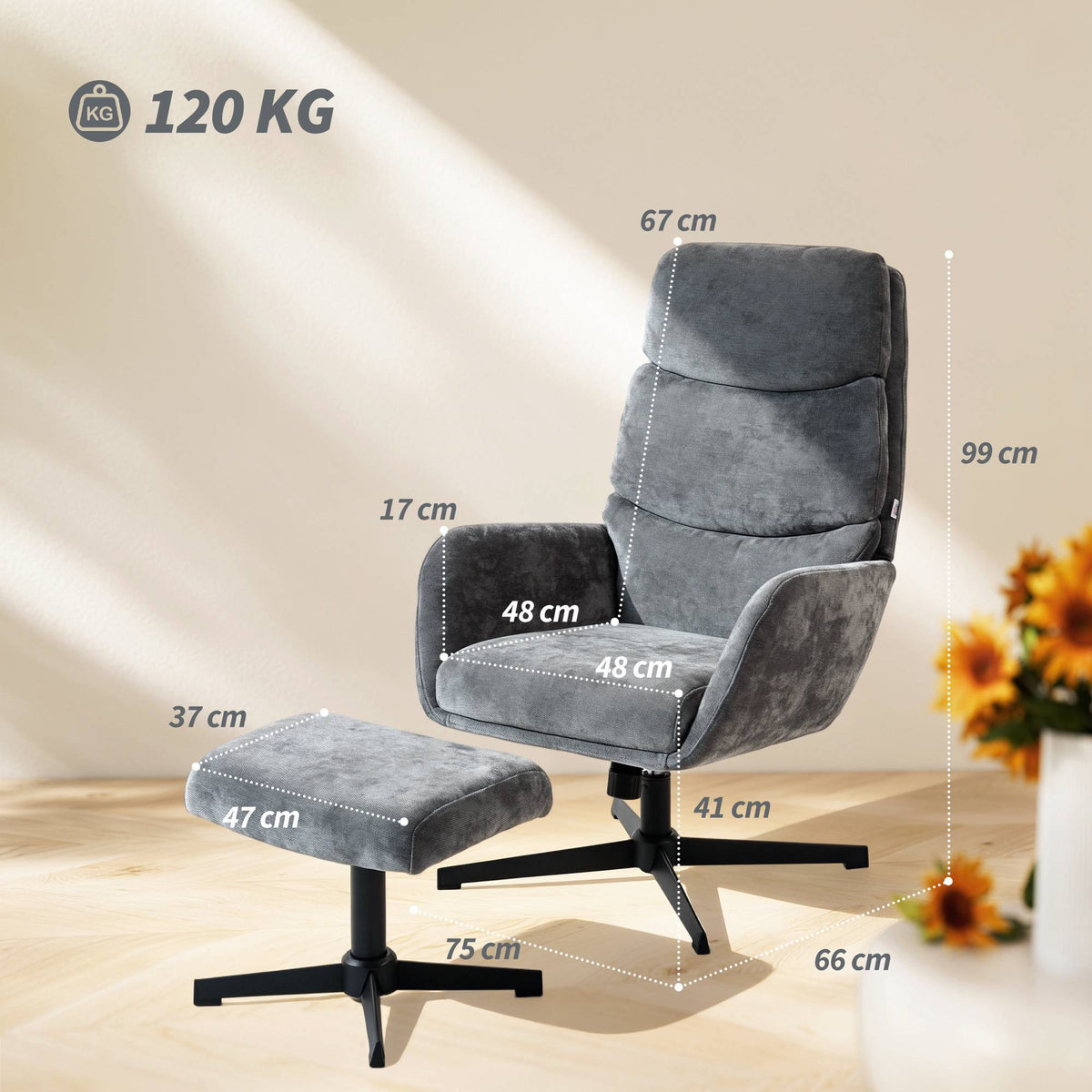 Lounge Chair with Ottoman, High Back, Metal Base, Gray