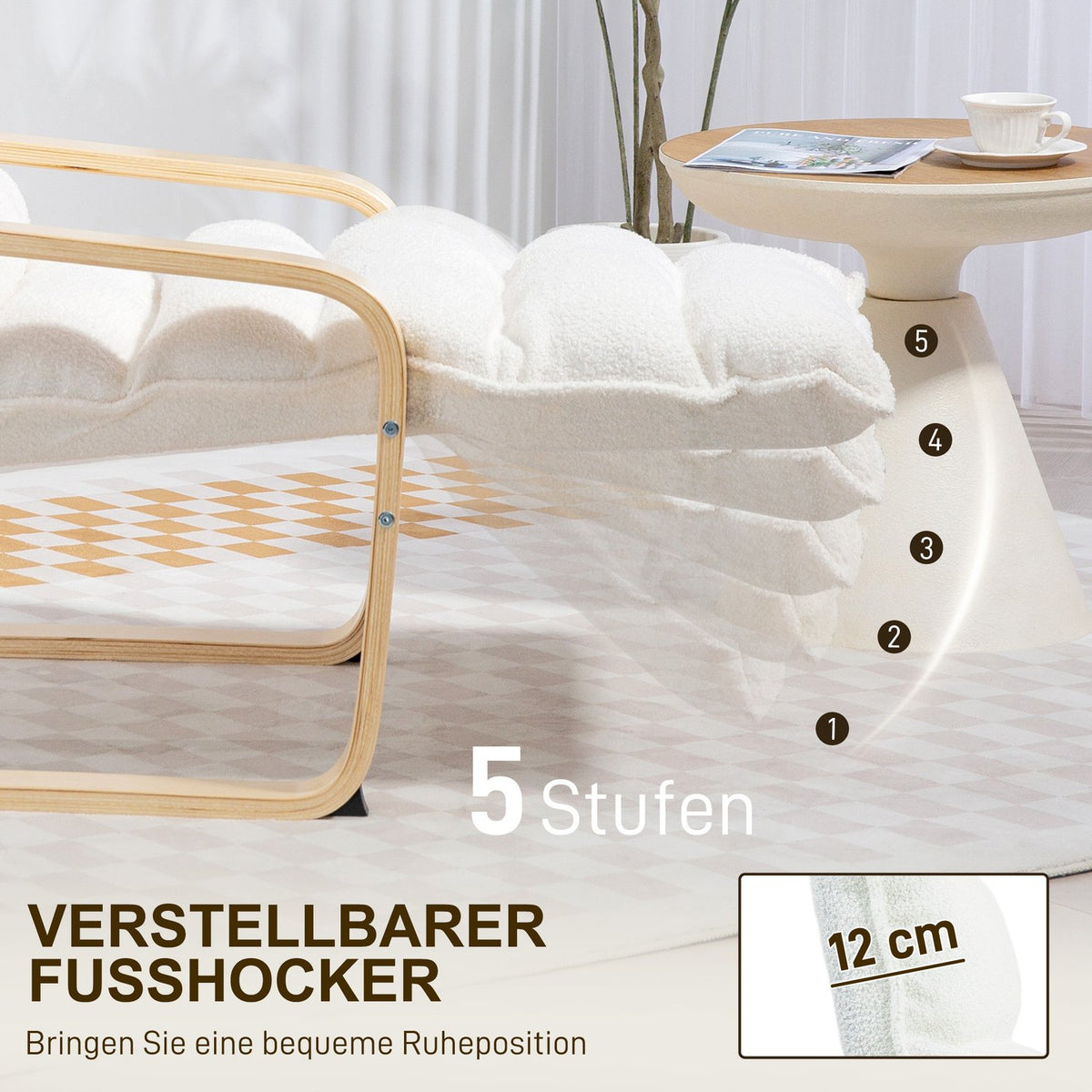 Lounge chair made of birch wood, upholstered chair, adjustable footrest, white