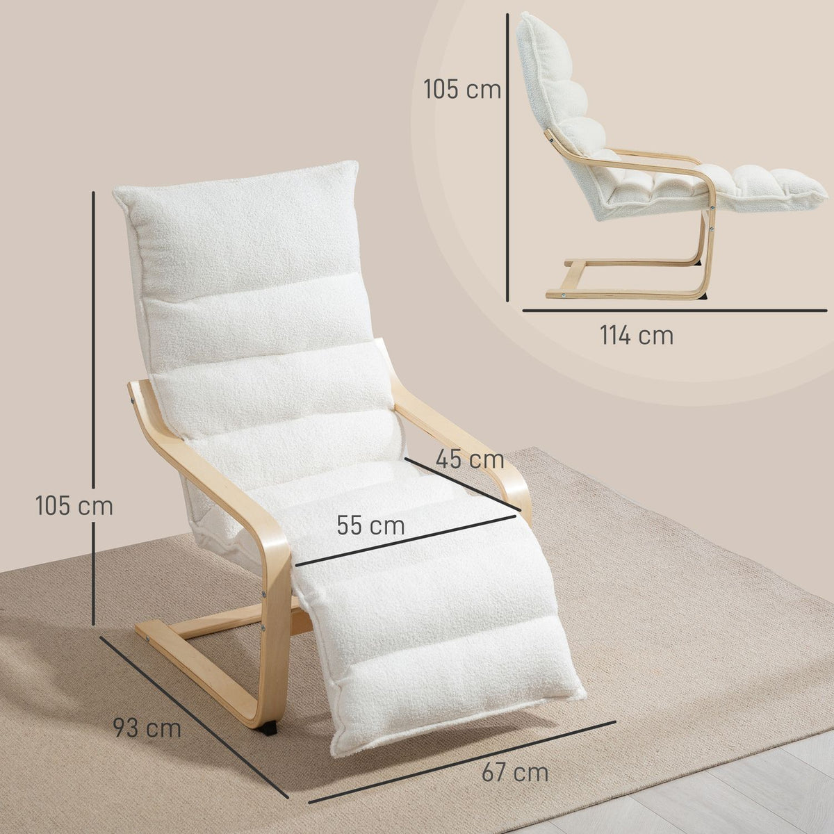 Lounge chair made of birch wood, upholstered chair, adjustable footrest, white