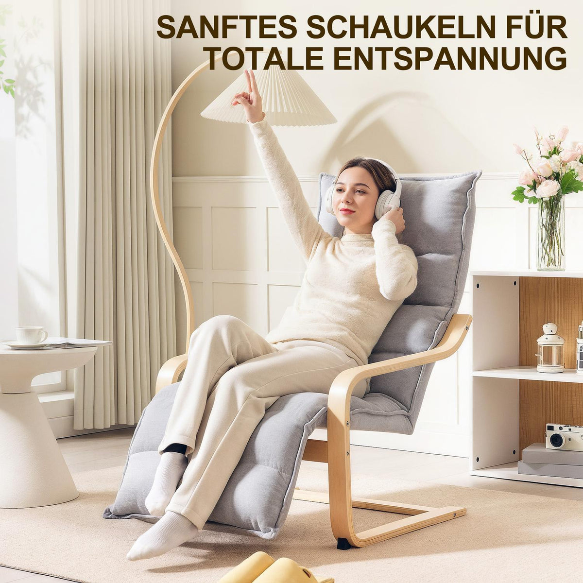 Lounge chair made of birch wood, upholstered chair with adjustable footrest, modern armchair, light grey