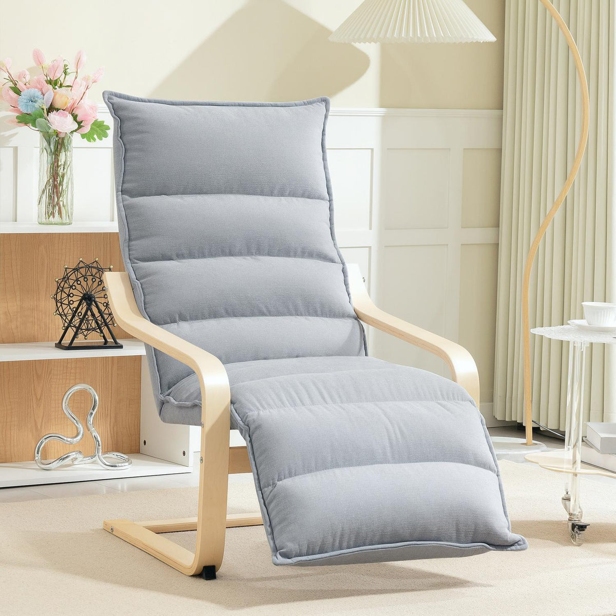 Lounge chair made of birch wood, upholstered chair with adjustable footrest, modern armchair, light grey