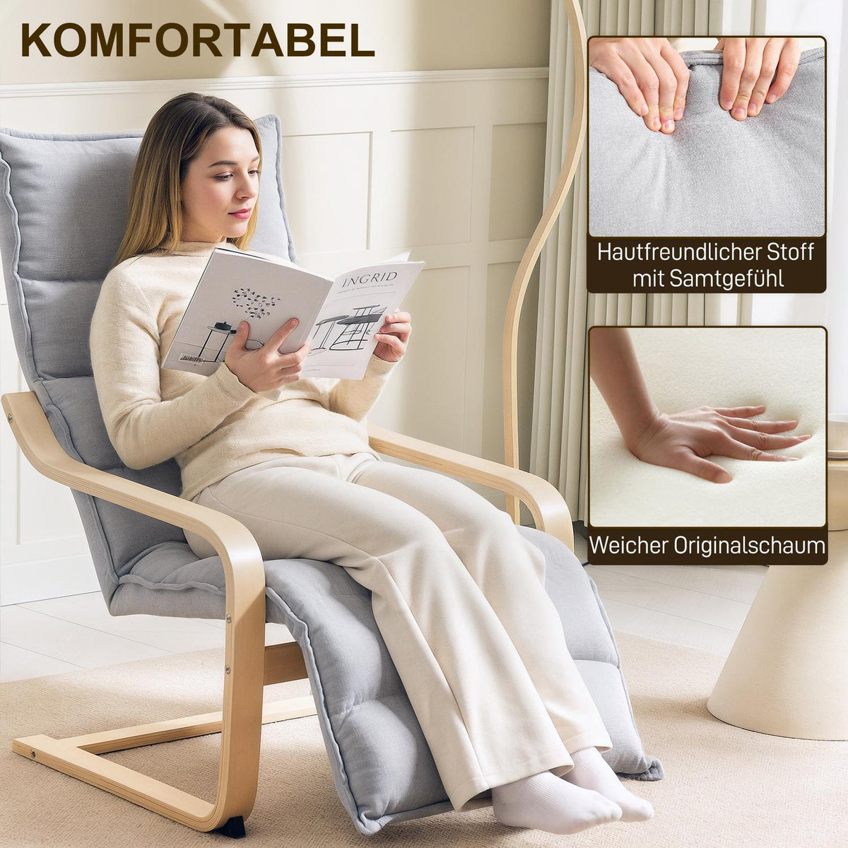 Lounge chair made of birch wood, upholstered chair with adjustable footrest, modern armchair, light grey
