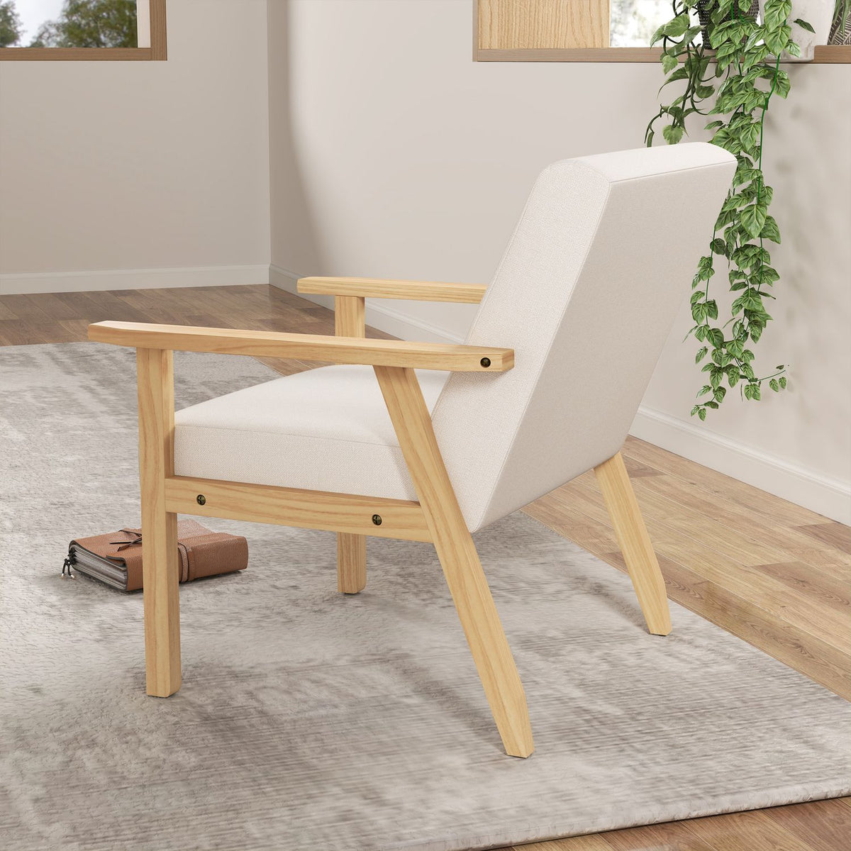 Lounge chair with armrests, dining room chair, linen look relax chair, upholstered chair for living room, bedroom, solid wood frame, 64 x 70 x 72 cm, cream white