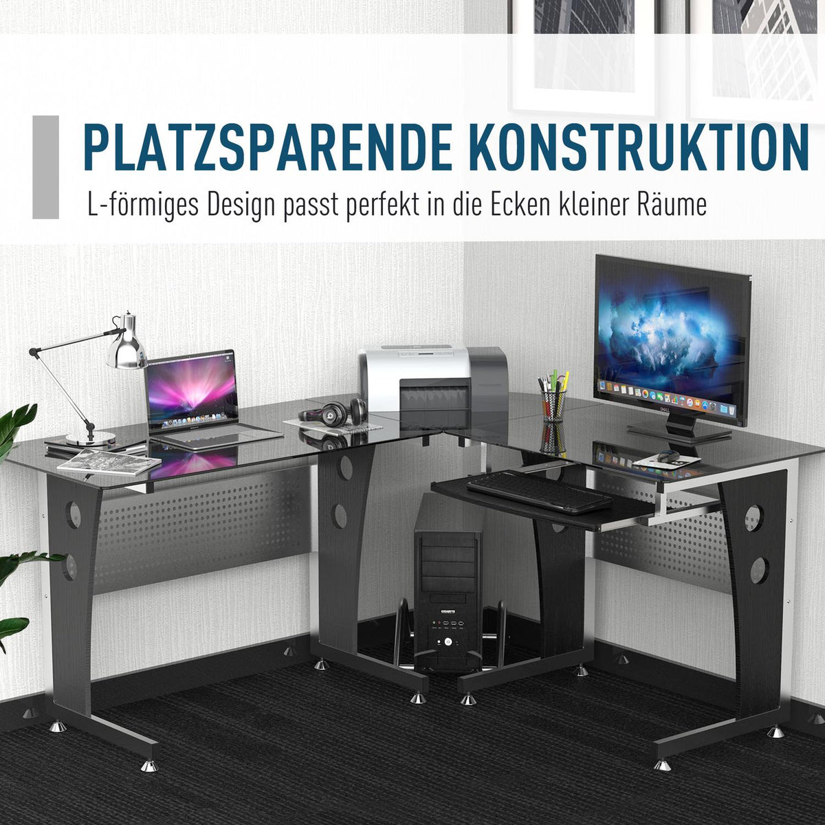 L-shaped corner desk with black safety glass 164x139x75 cm, stylish workstation for home office