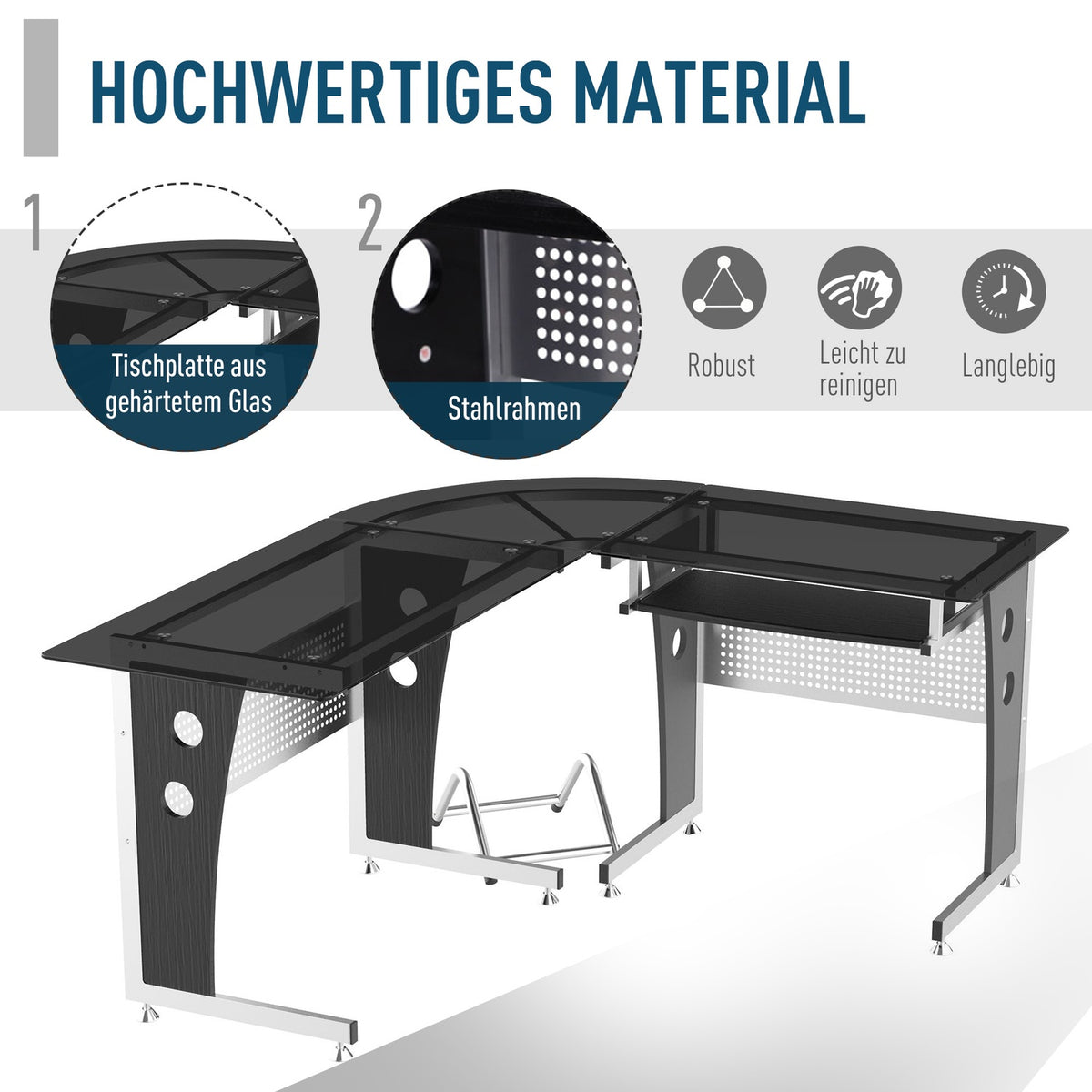 L-shaped corner desk with black safety glass 164x139x75 cm, stylish workstation for home office