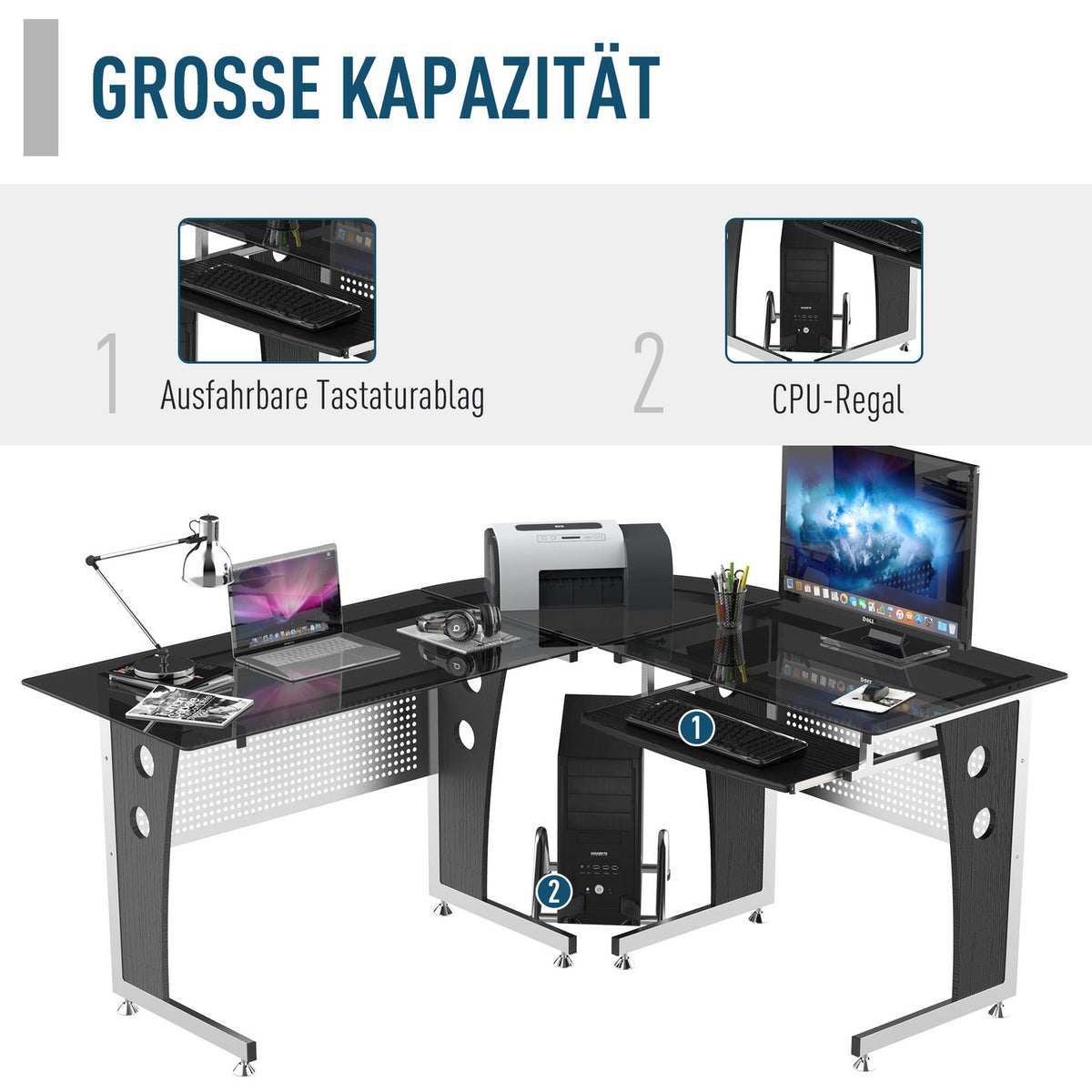L-shaped corner desk with black safety glass 164x139x75 cm, stylish workstation for home office