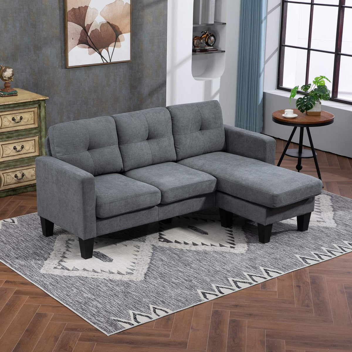 L-shaped corner sofa with chaise longue that can be attached to either side, upholstered sofa, dark grey