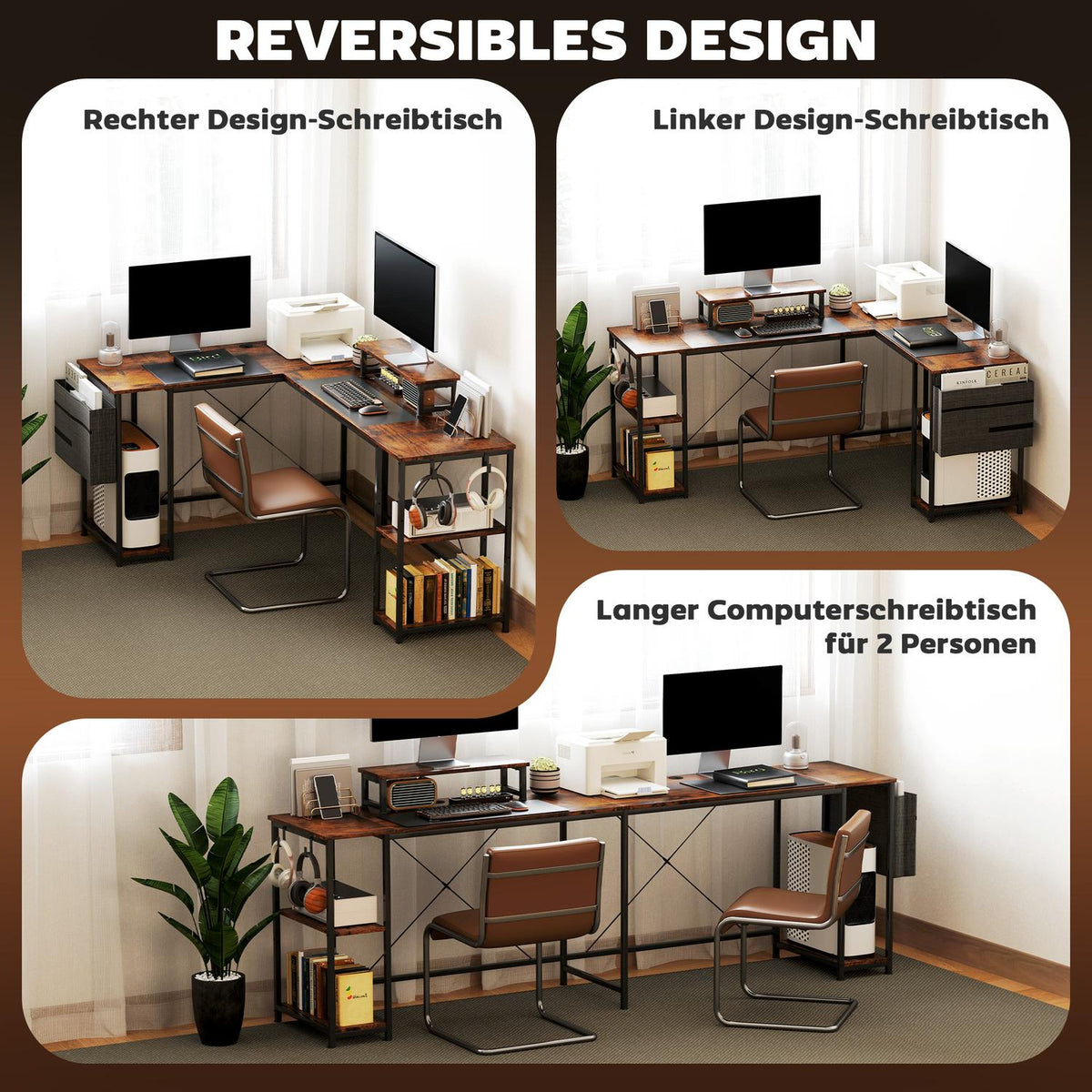 L-shaped desk 168 x 120 cm corner desk with storage compartments, storage bag, reversible computer desk with monitor stand, gaming table for office, home office, rustic brown