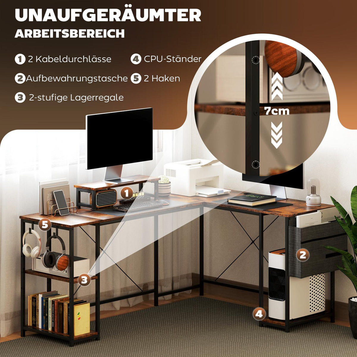 L-shaped desk 168 x 120 cm corner desk with storage compartments, storage bag, reversible computer desk with monitor stand, gaming table for office, home office, rustic brown