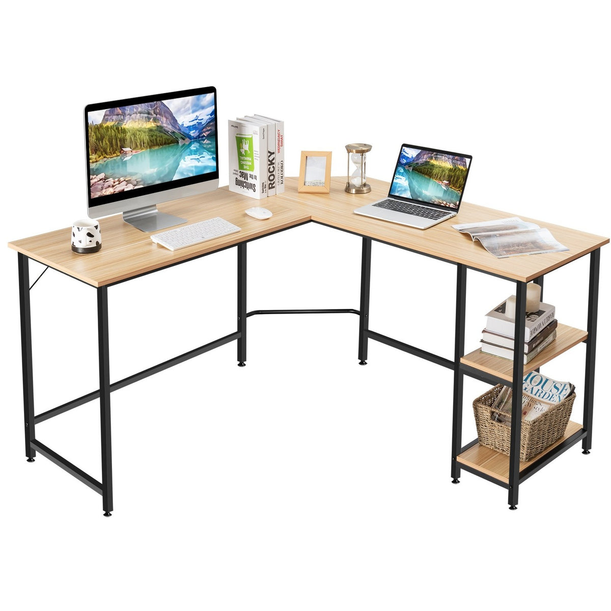L-shaped desk home office desk with 2 shelves 138 x 60 x 75 cm natural