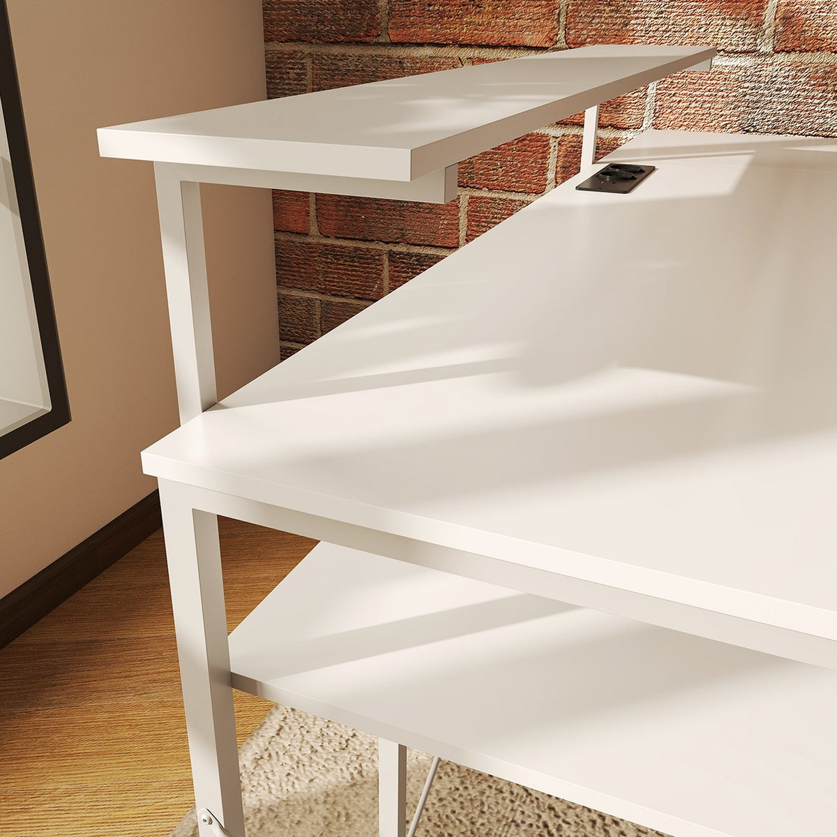 L-shaped desk with charging station, corner computer desk with monitor stand and shelves, for home office, office, white