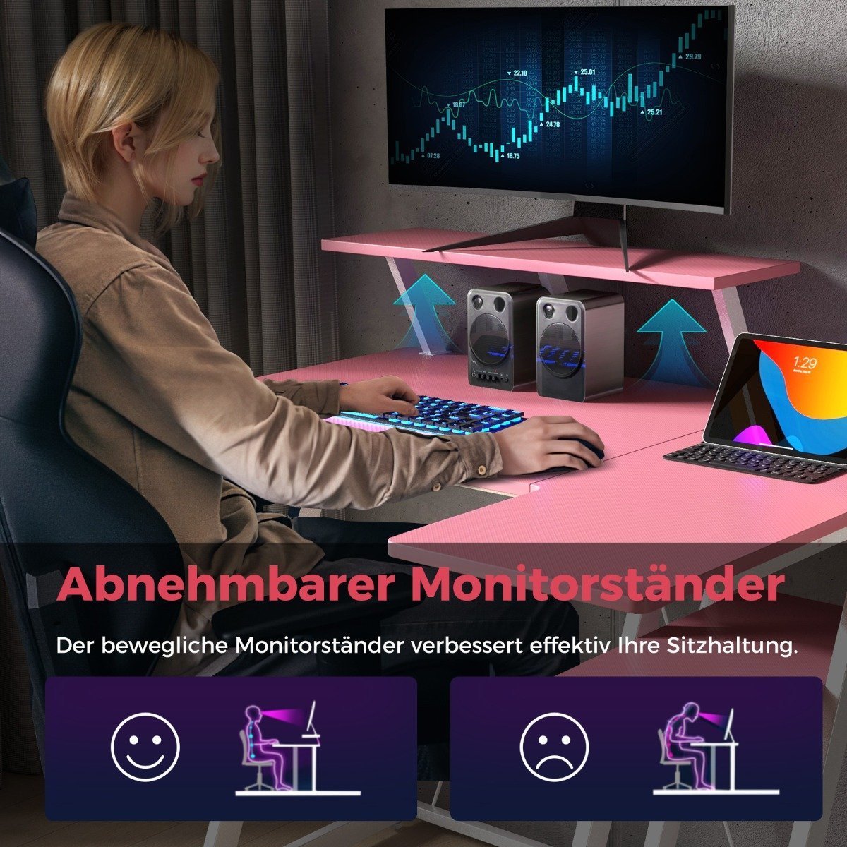 L-shaped gaming desk with power outlets & USB ports with monitor shelf computer desk - pink