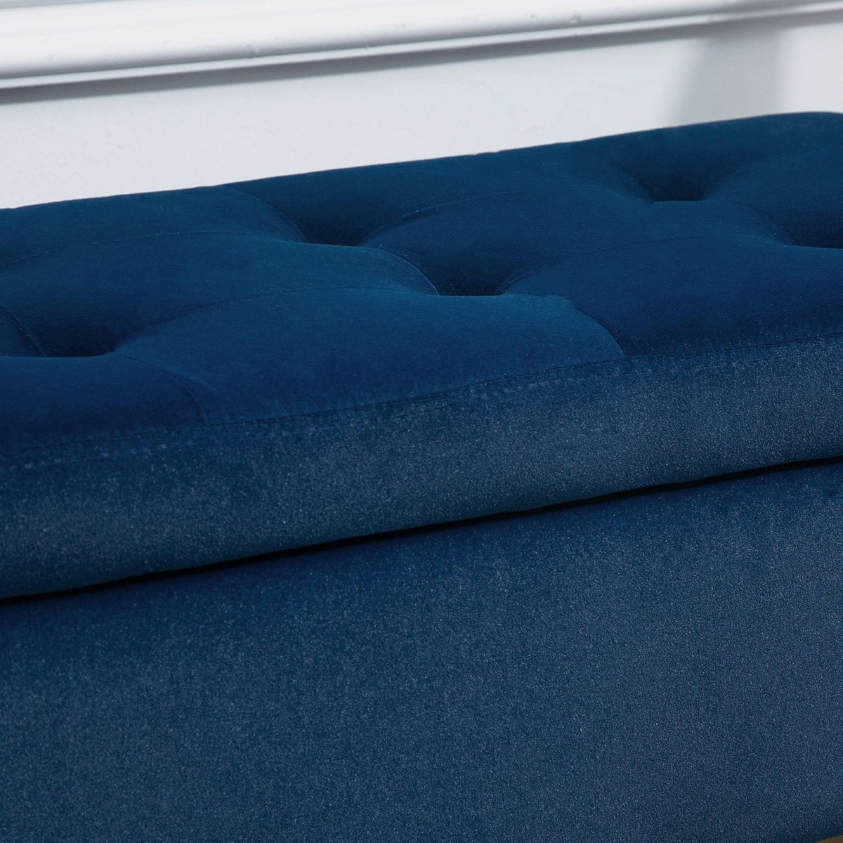 Luxury Bench With Storage Space Upholstered Bench In Blue, Velvety Polyester, Rubber Wood, With Armrests, 107X42X65Cm