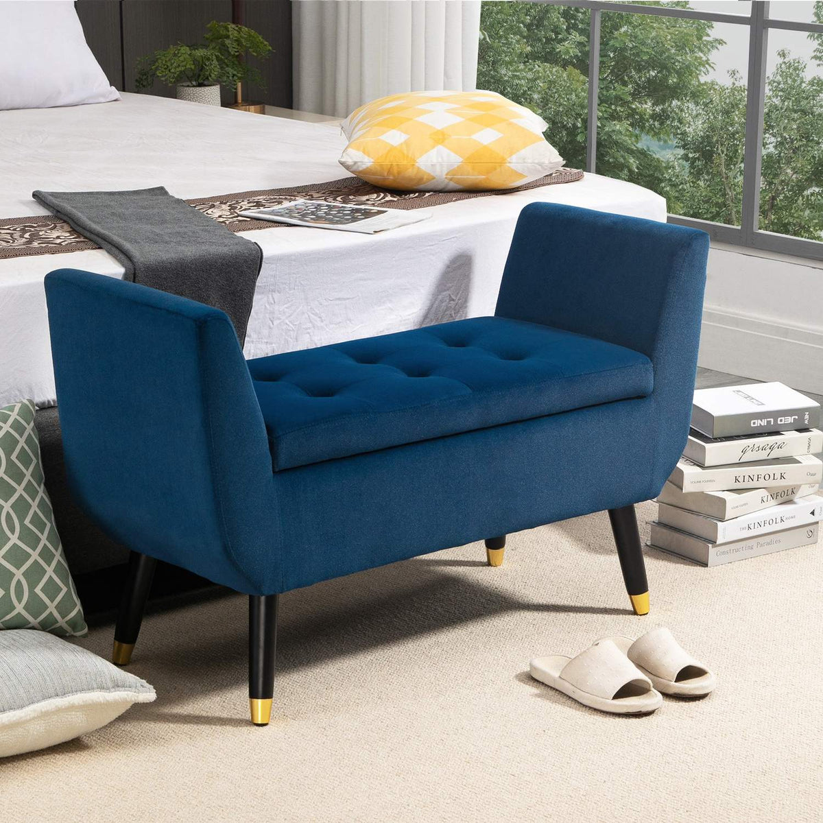 Luxury Bench With Storage Space Upholstered Bench In Blue, Velvety Polyester, Rubber Wood, With Armrests, 107X42X65Cm