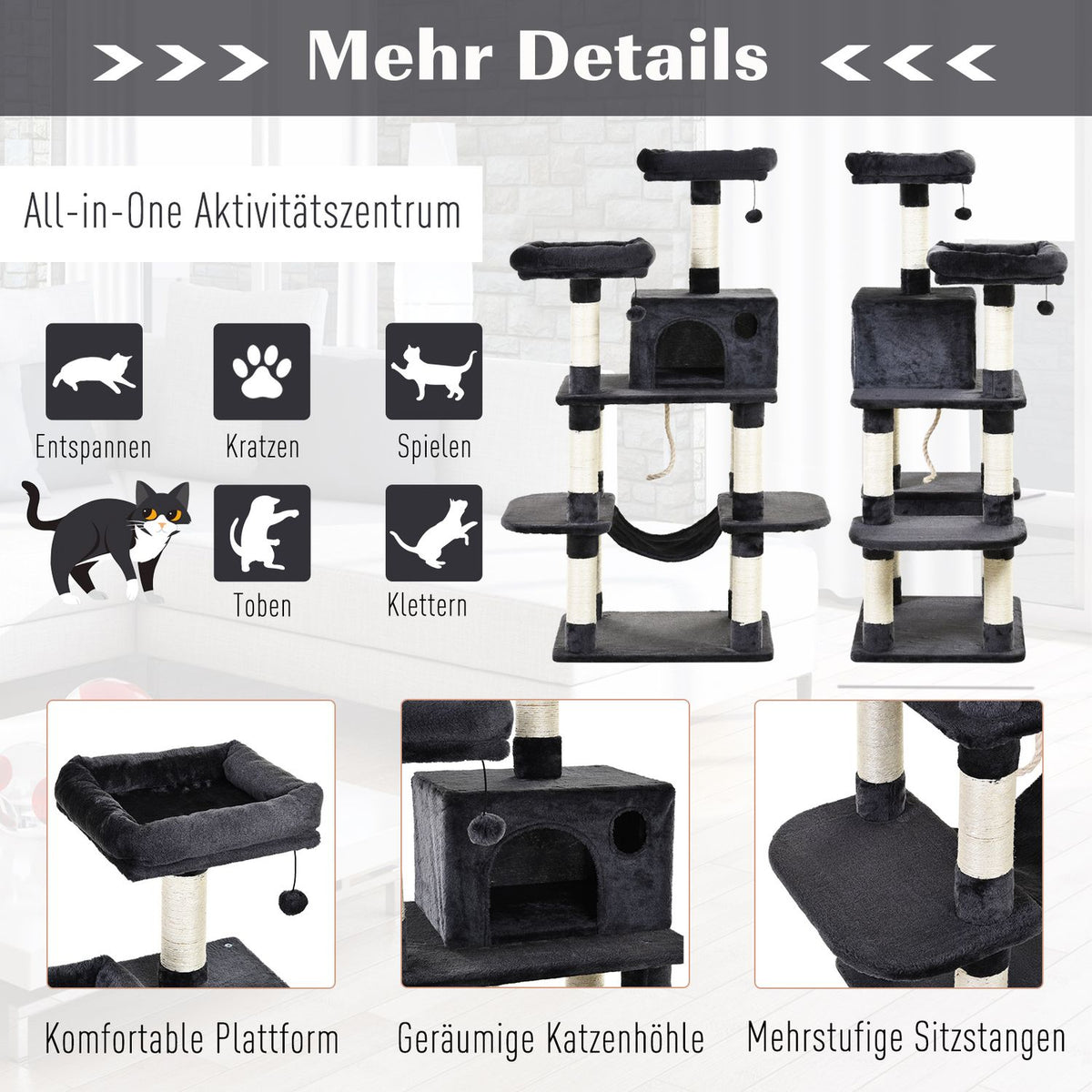 Luxury Cat Tree With Hammock, Climbing Tree, Cat House, Dark Gray, 60X48X144Cm