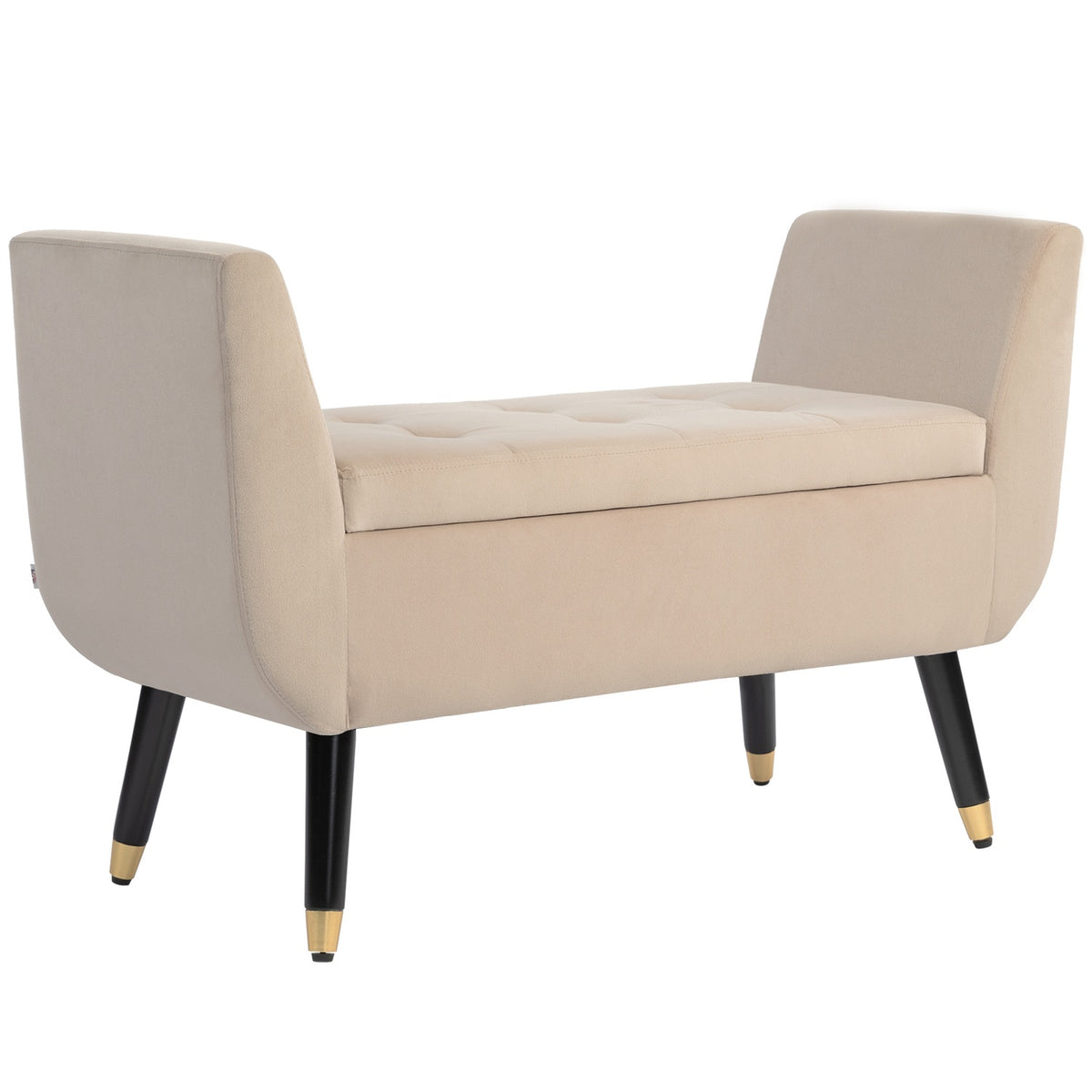 Luxury bench upholstered bench with storage space armrests chest bench velvety polyester rubber wood beige 107 x 42 x 65 cm