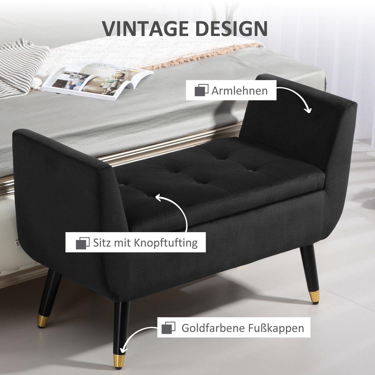 Luxury bench upholstered bench with storage space armrests chest bench velvety polyester rubber wood dark gray 107 x 42 x 65 cm