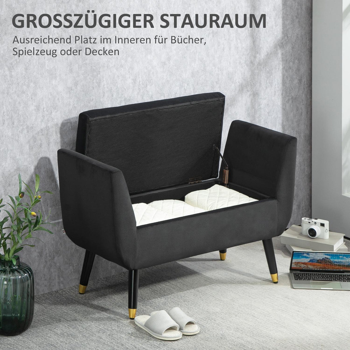 Luxury bench upholstered bench with storage space armrests chest bench velvety polyester rubber wood dark gray 107 x 42 x 65 cm