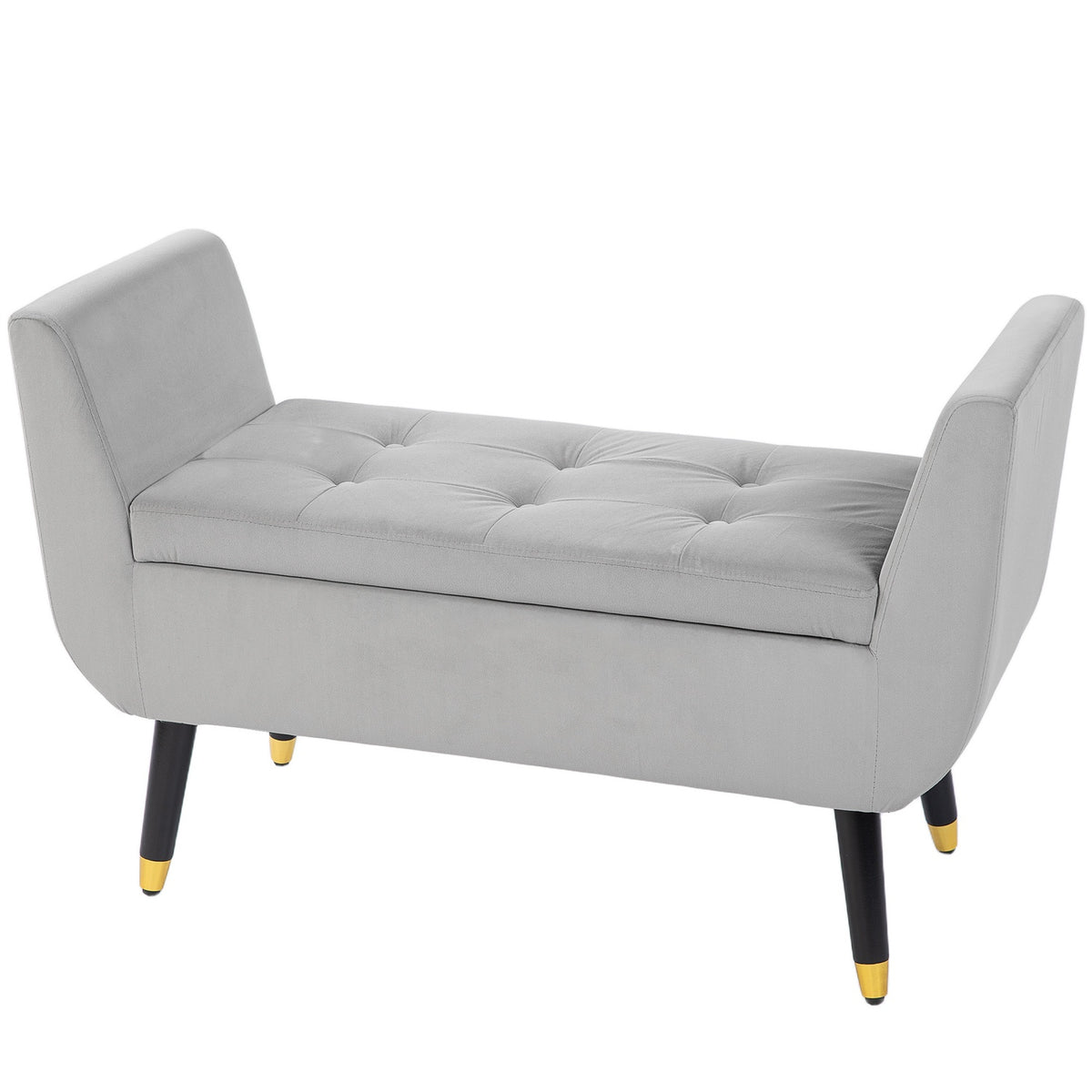 Luxury bench upholstered bench with storage space armrests chest bench velvety polyester rubber wood light gray 107 x 42 x 65 cm