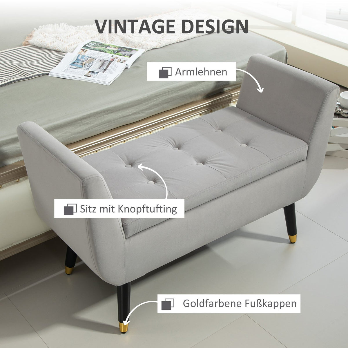 Luxury bench upholstered bench with storage space armrests chest bench velvety polyester rubber wood light gray 107 x 42 x 65 cm