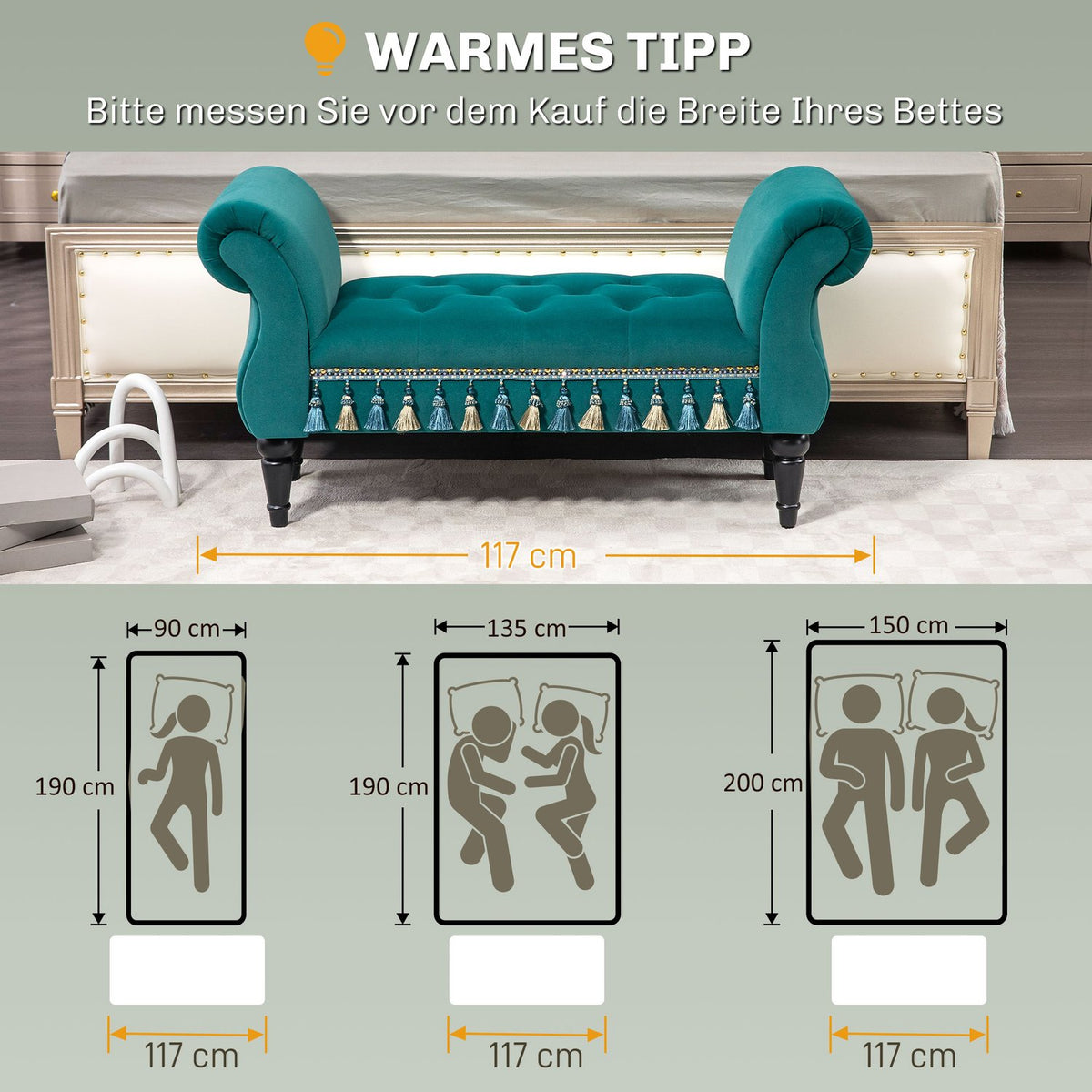 Luxury bench upholstered bench with velvet look, for living room; Bedroom, gray 117 x 40 x 58 cm