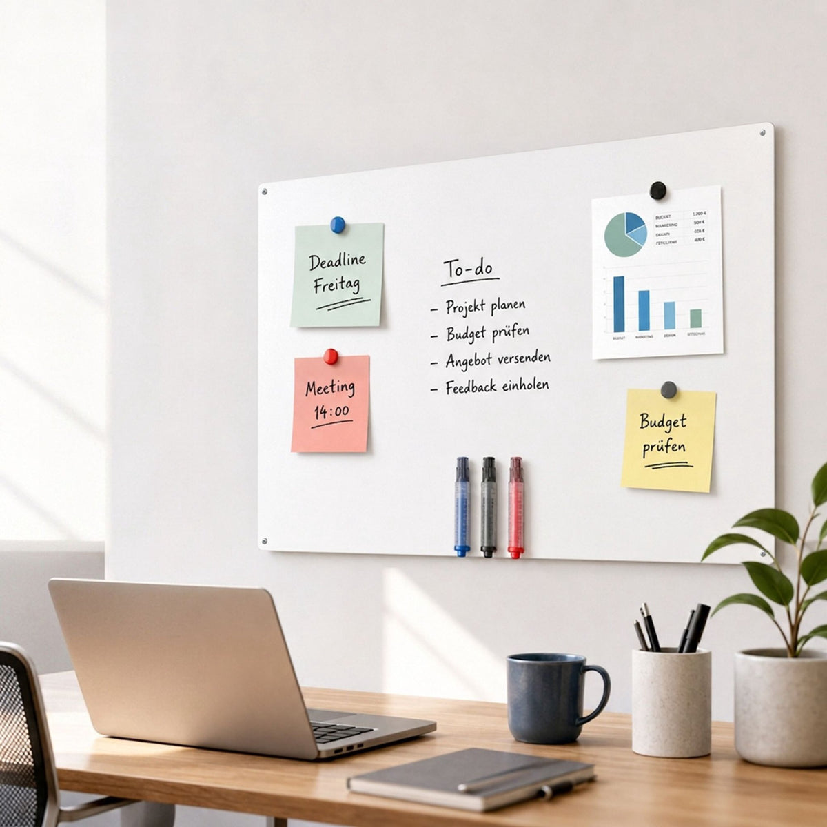 Magnetic Steel White Board, 70x30 cm, Chalk Markers Included