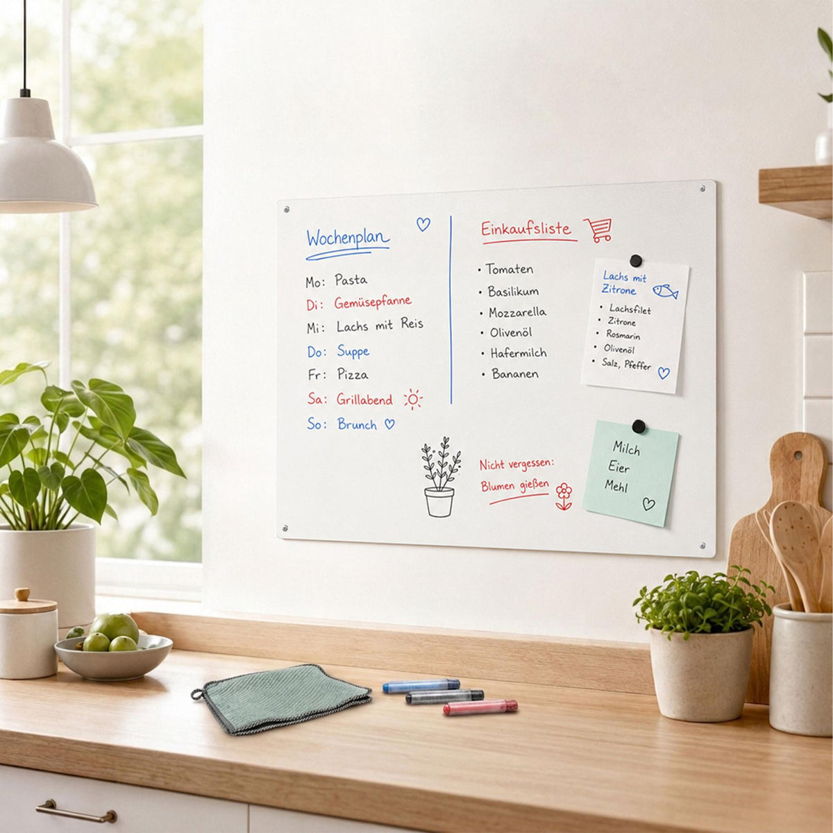 Magnetic Steel White Board, 70x30 cm, Chalk Markers Included