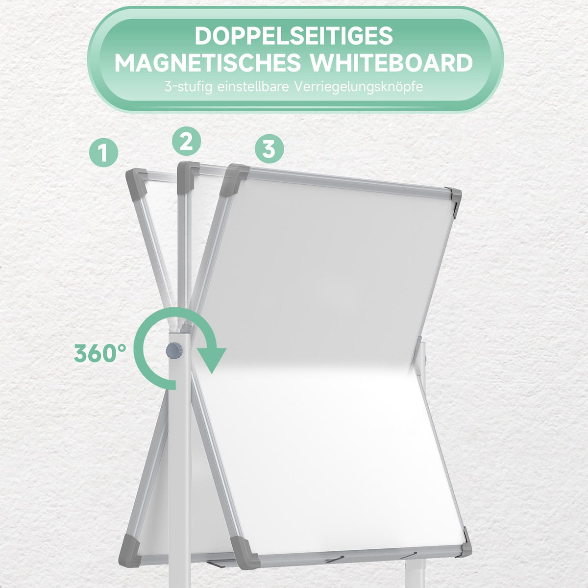 Magnetic Whiteboard 120 x 90 cm Double-Sided Magnetic Board with Stand, Wheels, 6 Markers & 1 Eraser Sponge, 360° Swivel, 3-Level Adjustable Magnetic Board for Office, Home