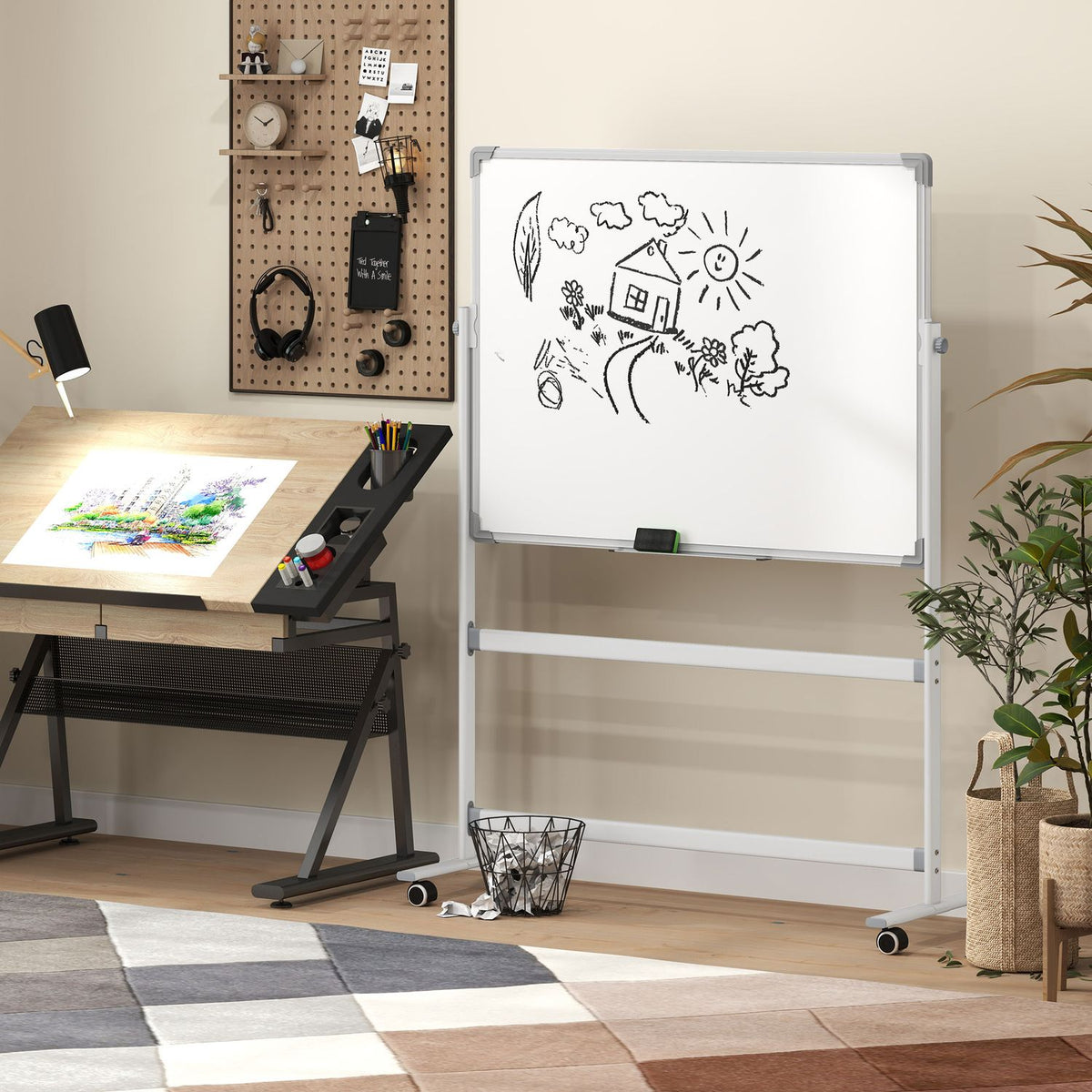 Magnetic Whiteboard 120 x 90 cm Double-Sided Magnetic Board with Stand, Wheels, 6 Markers & 1 Eraser Sponge, 360° Swivel, 3-Level Adjustable Magnetic Board for Office, Home