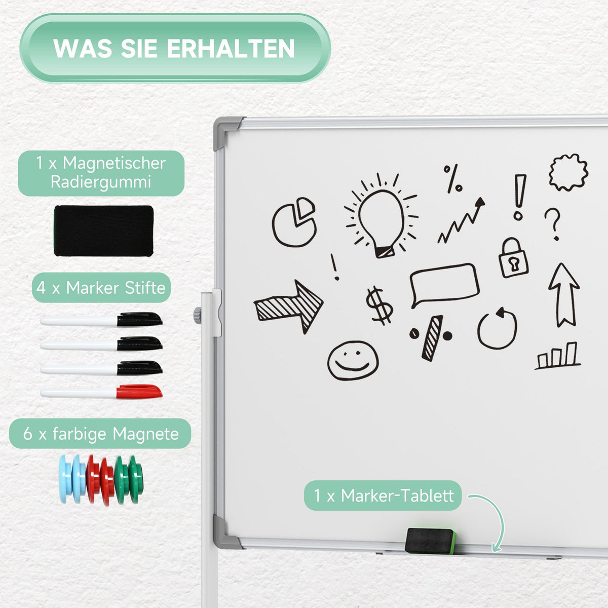 Magnetic Whiteboard 120 x 90 cm Double-Sided Magnetic Board with Stand, Wheels, 6 Markers & 1 Eraser Sponge, 360° Swivel, 3-Level Adjustable Magnetic Board for Office, Home
