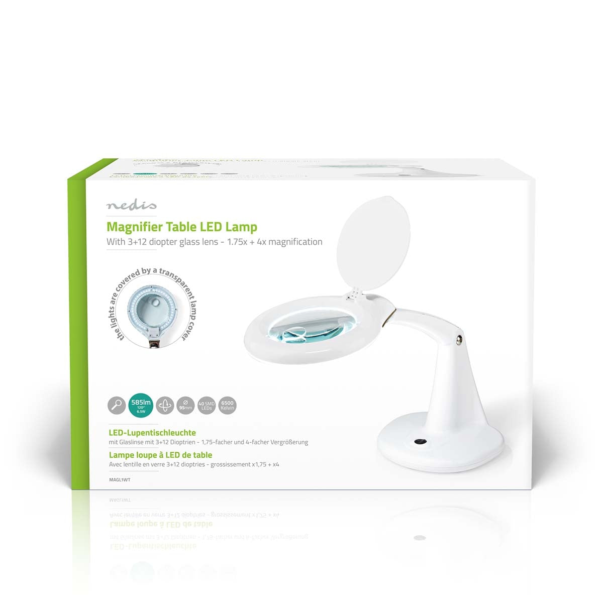 Magnifying glass Table lamp | Lens strength: 3 + 12 Diopter | 6500 K| 6.5 W| 585 lm | White