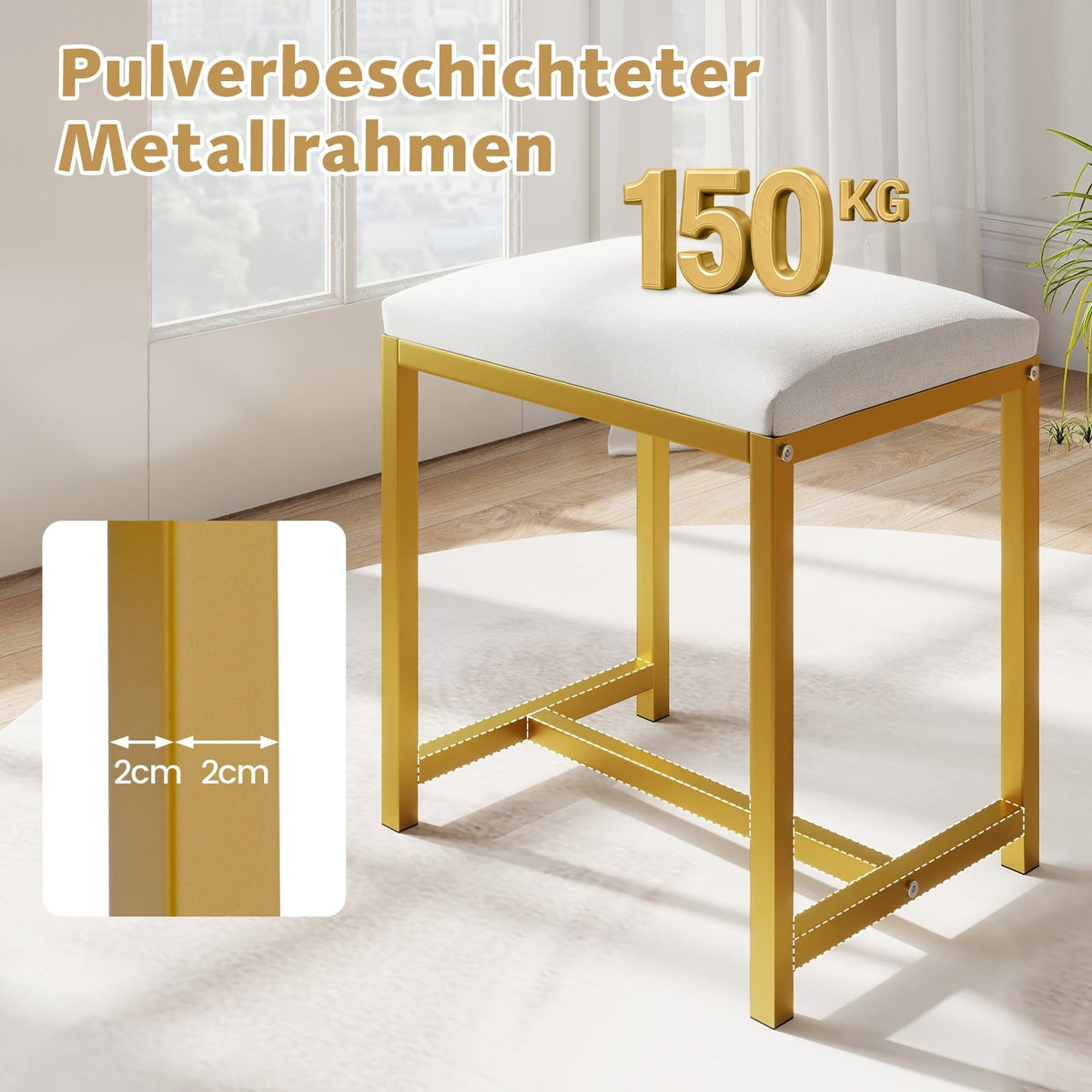 Makeup Stool with Soft Cushion, Gold Metal Legs, White