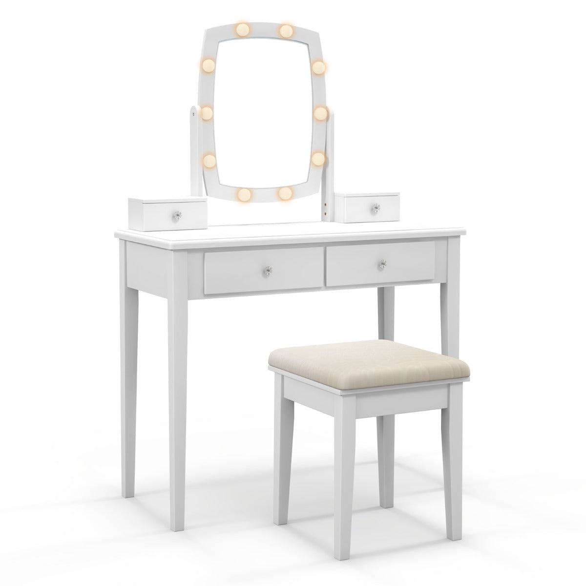 Makeup Vanity Set, 3-Color LED Mirror, Stool, 4 Drawers