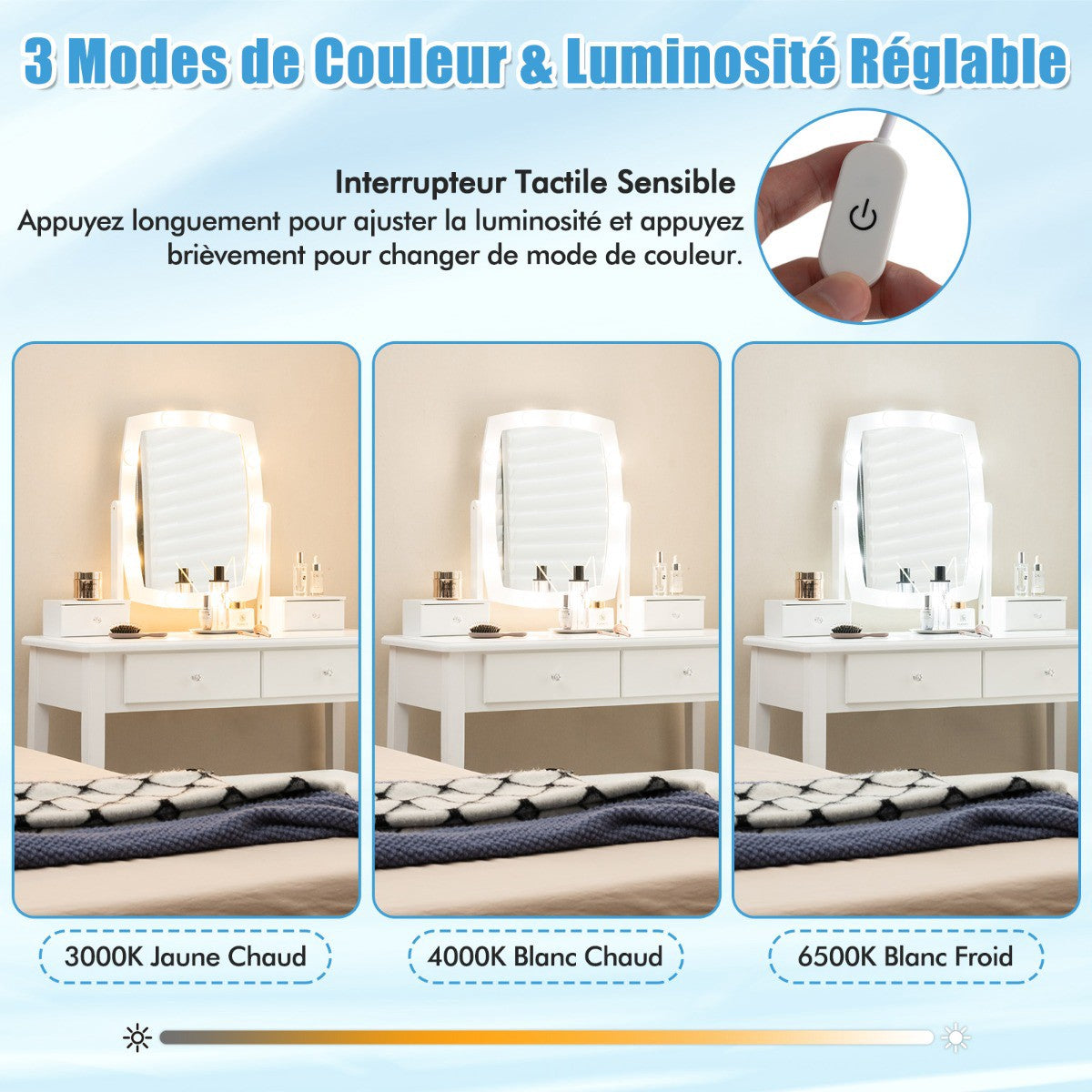 Makeup Vanity Set, 3-Color LED Mirror, Stool, 4 Drawers