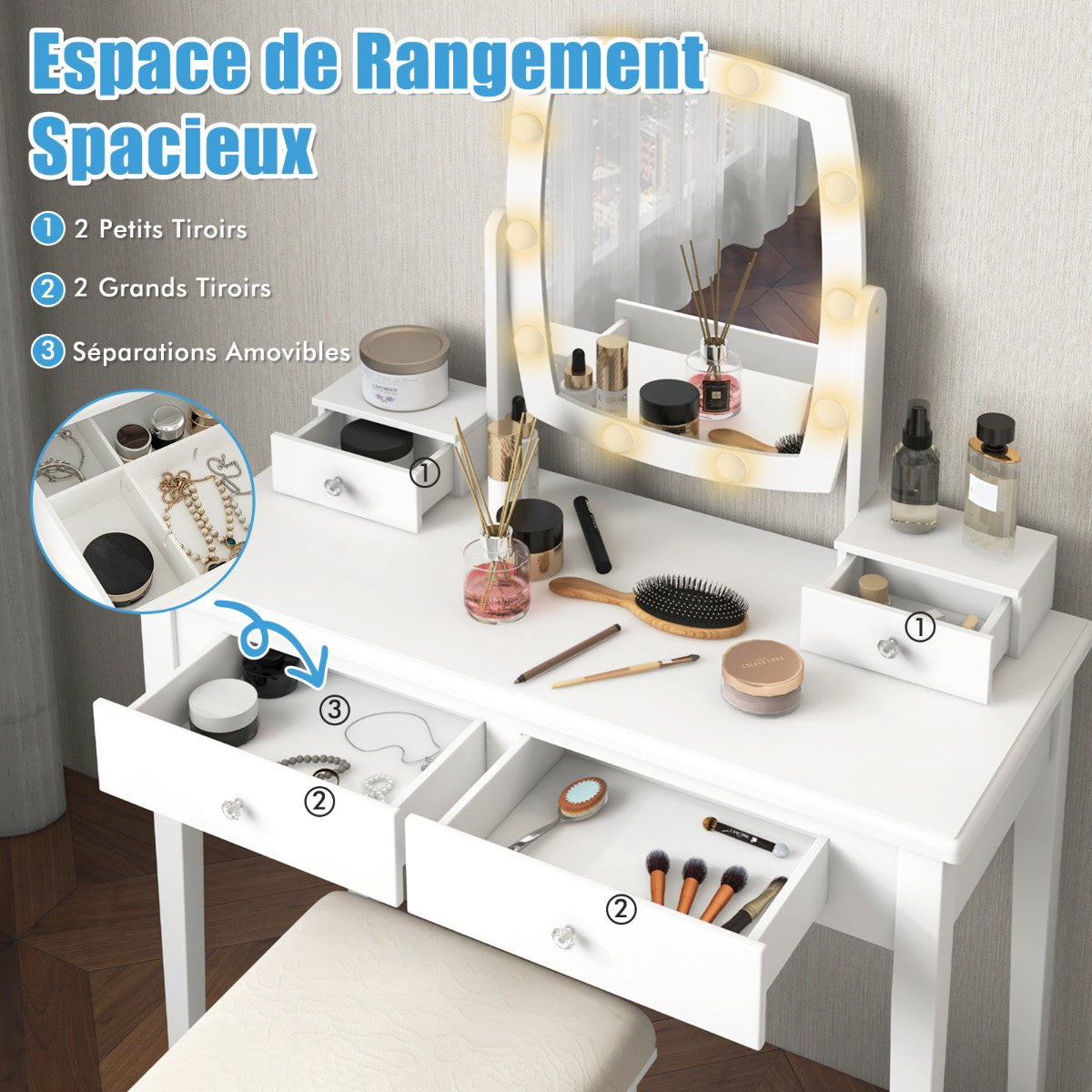 Makeup Vanity Set, 3-Color LED Mirror, Stool, 4 Drawers