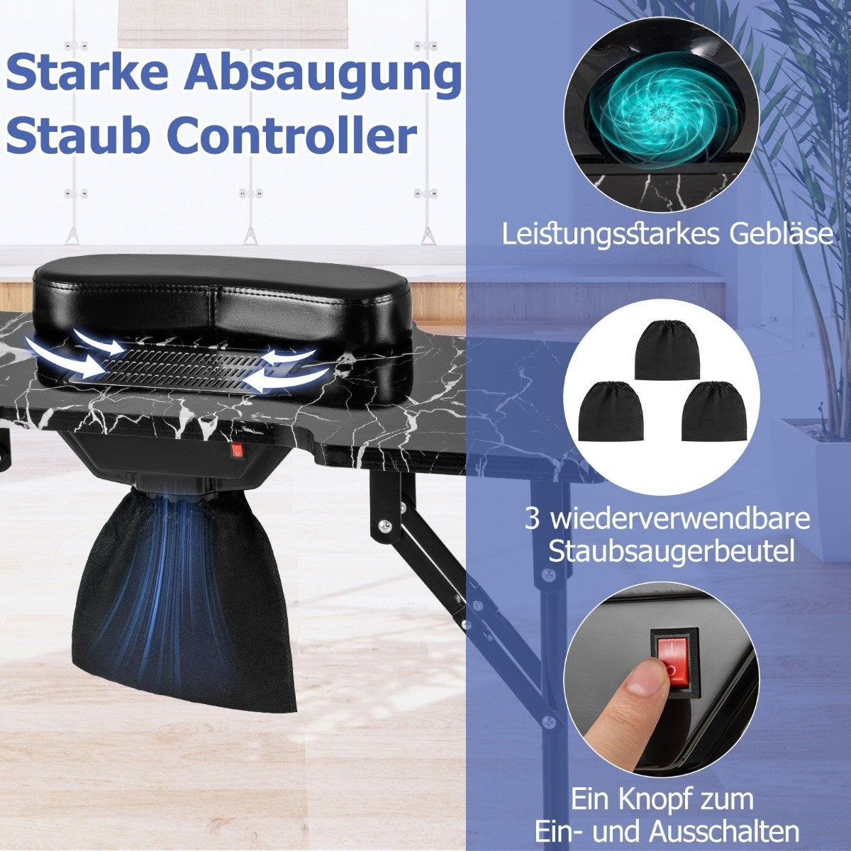 Manicure table folding nail table with electric dust collector manicure table black