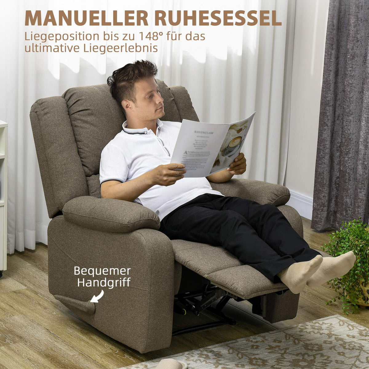 Manual relaxation chair, load capacity up to 150 kg, TV chair with reclining function, TV chair with side handle, footrest, for living room