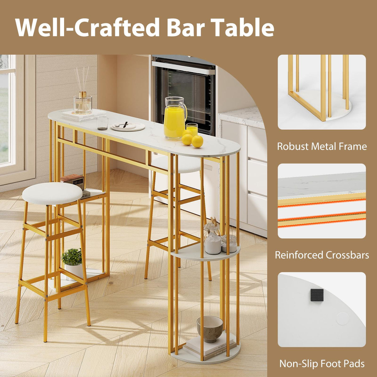Marble-Look Bar Table, 150cm, Gold Frame, 4 Shelves