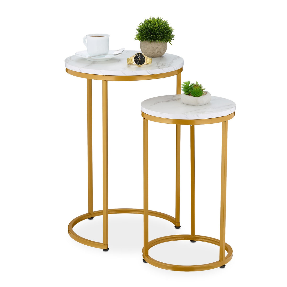 Marble Look Nesting Tables, Set of 2, Metal Legs
