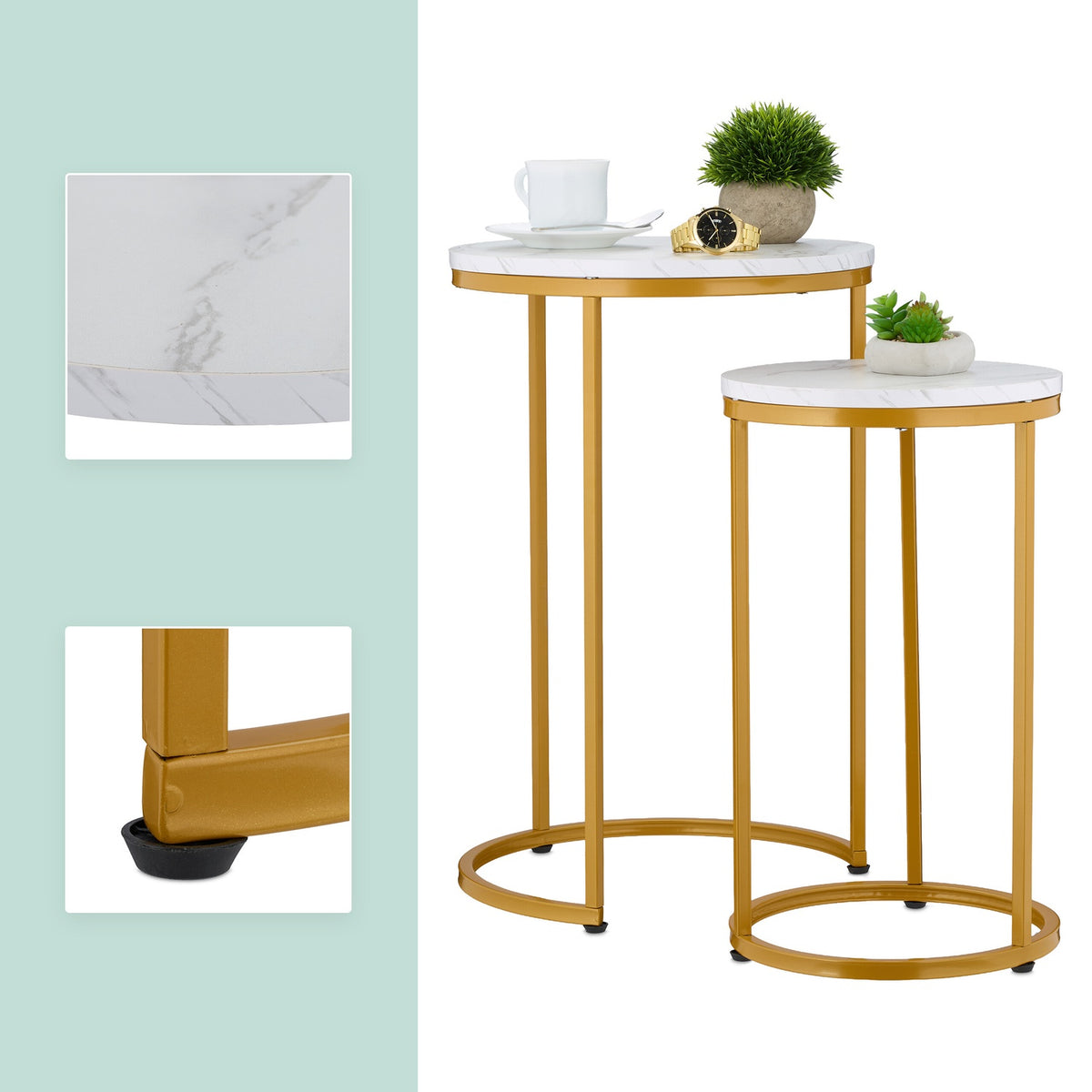 Marble Look Nesting Tables, Set of 2, Metal Legs