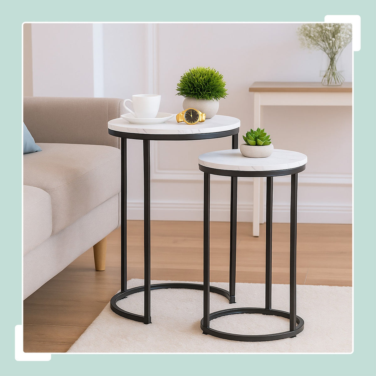 Marble Look Nesting Tables, Set of 2, Metal Legs