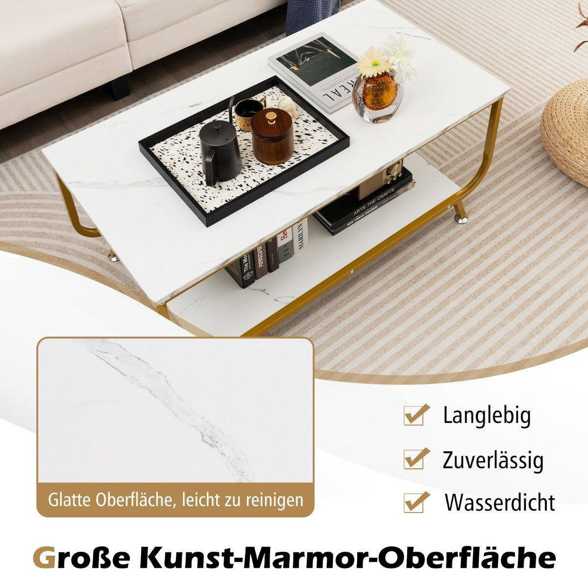Marble coffee table Rectangular coffee table with 2 levels 105 x 55 x 46.5 cm white