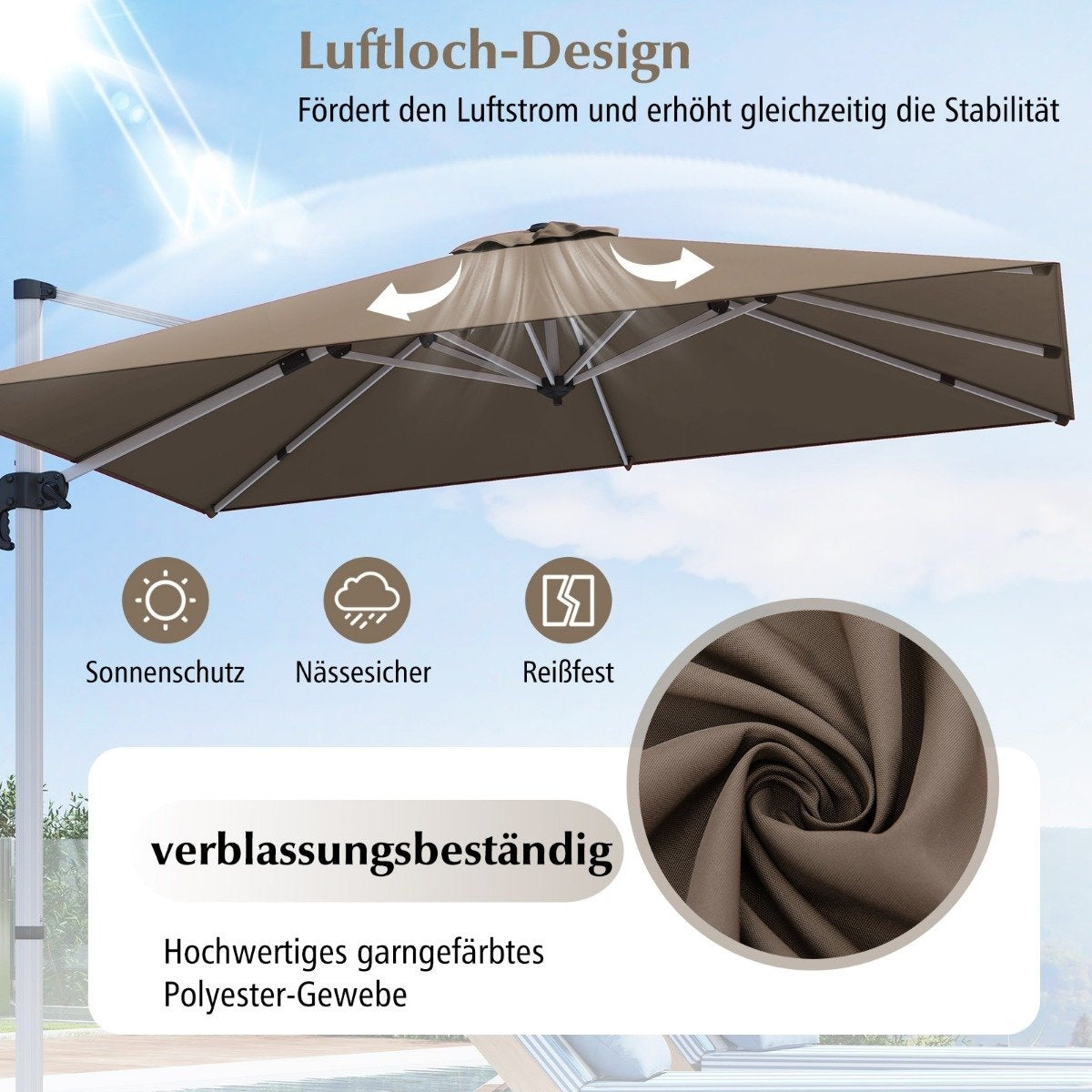 Market umbrella with crank & 360° rotation for garden and pool areas 300 x 300 cm brown