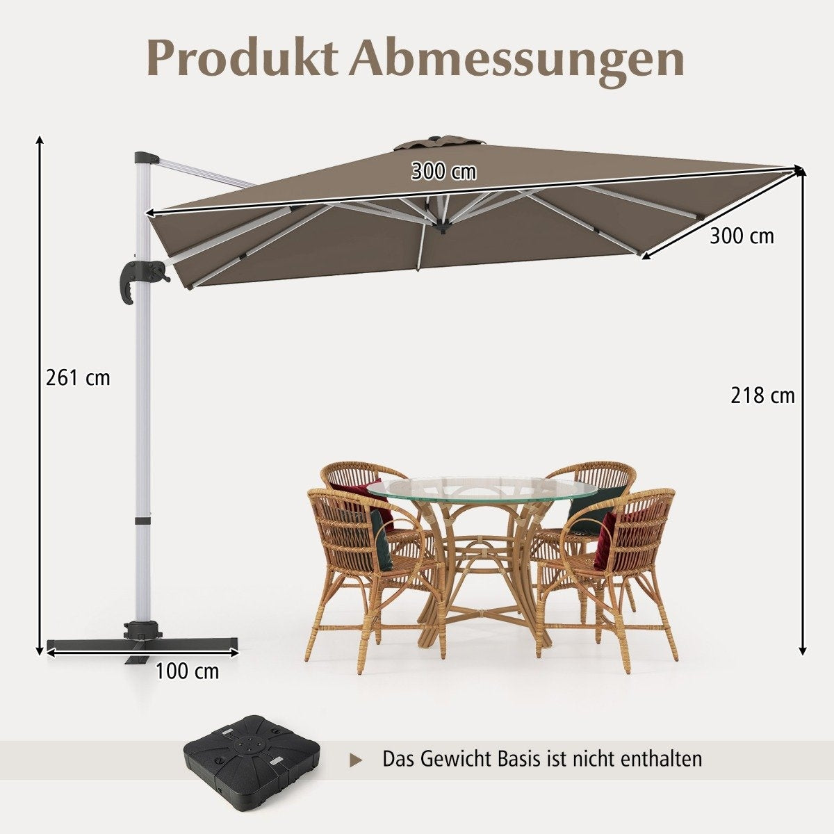 Market umbrella with crank & 360° rotation for garden and pool areas 300 x 300 cm brown