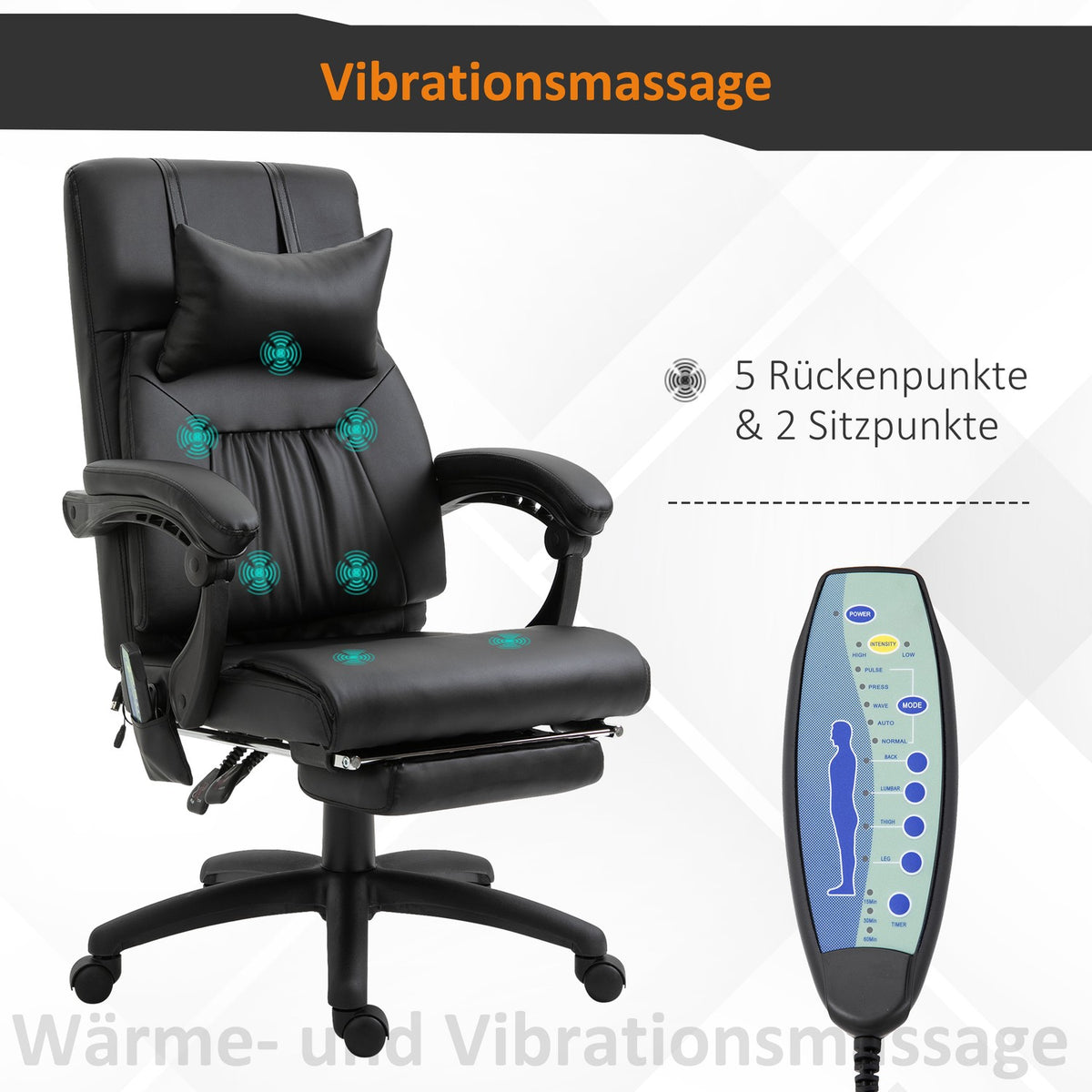 Massage Chair, Executive Chair, Swivel Chair With 7 Massage Points, Height-Adjustable Footrest, Headrest, Pvc, Black, 68 X 79 X 104-112 Cm