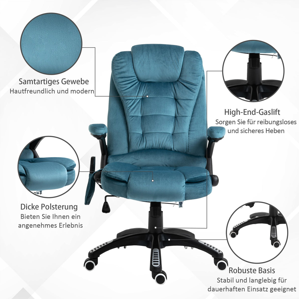 Massage Chair, Executive Chair With Massage Function, Height-Adjustable Swivel Chair, Ergonomic Gaming Chair, Office Chair, Blue, 67 X 74 X 107-116 Cm